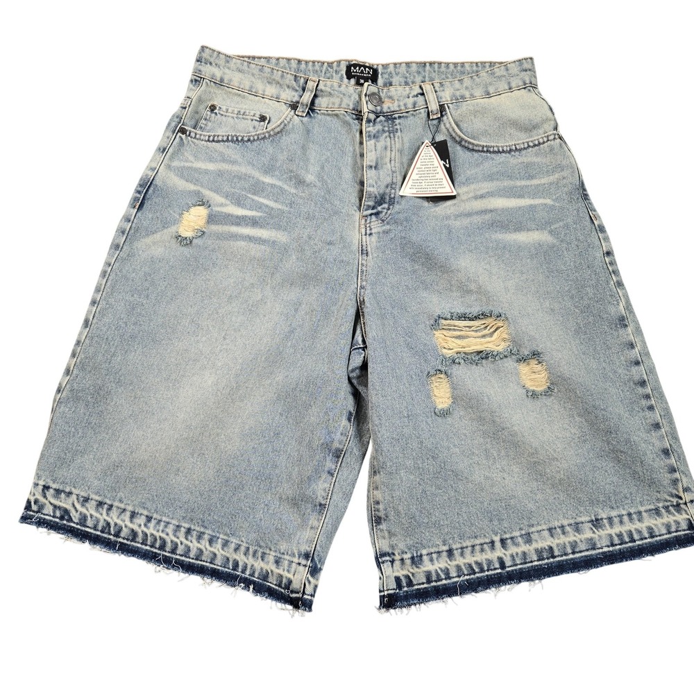 BoohooMAN Shorts Mens 36 Blue Denim Distressed Bermuda Raw Hem Casual Summer